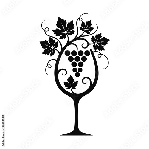 Elegant black grapevine forming a wine glass silhouette with leaves and grape cluster — wine glass, grape vine, wine emblem, vineyard design, grape logo