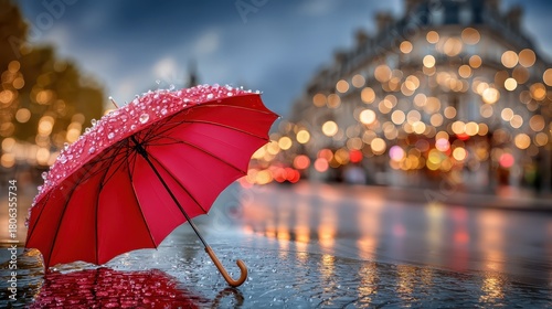 Red umbrella on wet paris street with bokeh lights