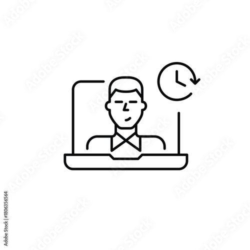 Young man user on laptop and clock. Screen time tracking and work schedules. Pixel perfect, editable stroke vector icon
