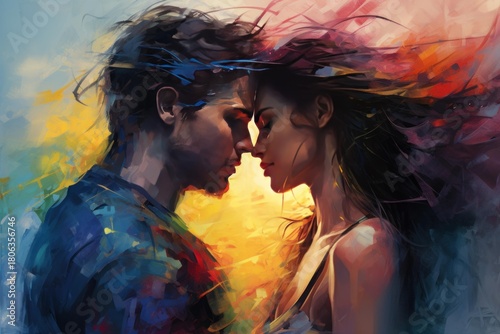Romantic couple touching noses with colorful painted background symbolizing love and connection