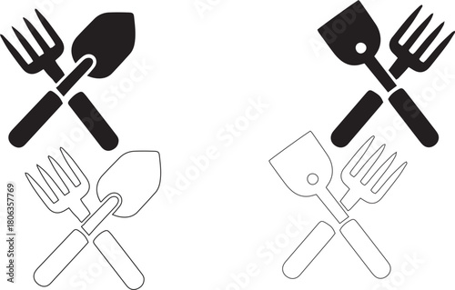 Isolated images feature crossed spade and fork tools in both black and white formats
