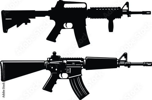 Two contrasting assault rifle silhouettes showcase advanced firearm technology on a transparent background