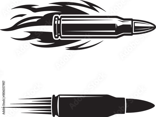 Two monochrome bullet vectors appear to be swiftly flying with motion trails behind them