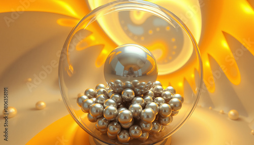 Abstract background with a transparent sphere and metallic pearls on a golden swirl backdrop