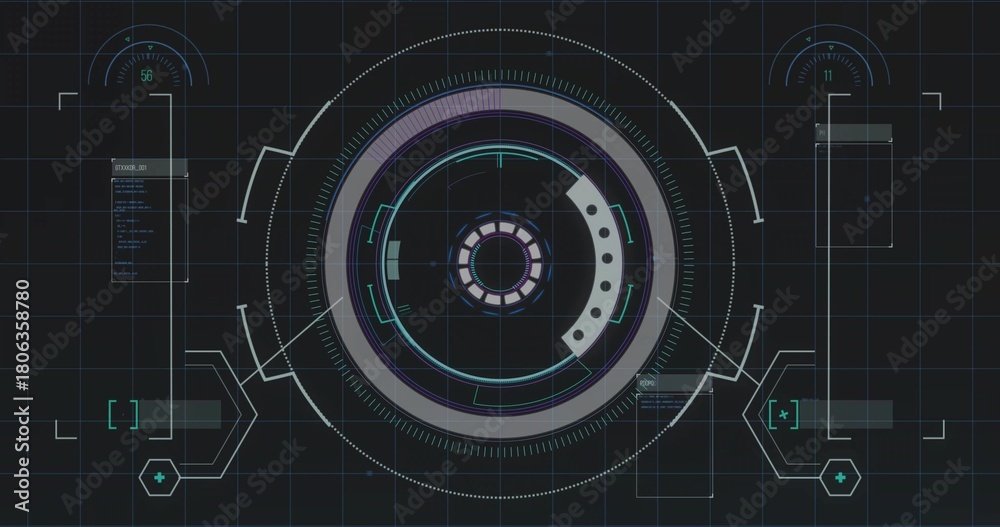 Naklejka premium Displaying central HUD element pulsing on dark grid canvas, with rings and connector traces