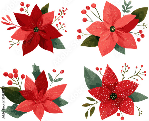 4 Sets of poinsettia flowers with holly leaves and berries with clipping path