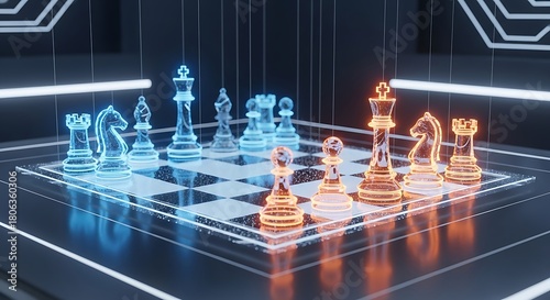 Futuristic Glowing Chessboard with Blue and Orange Neon Pieces on a Dark Background.