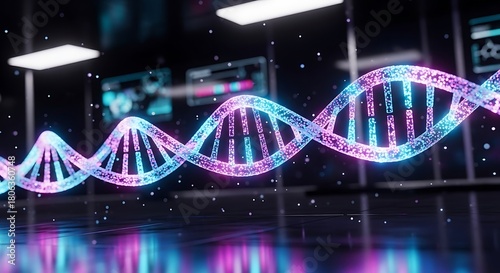 Futuristic glowing DNA double helix in a modern science laboratory.