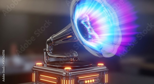 Futuristic Gramophone Emitting Vibrant Neon Light and Sound Waves.