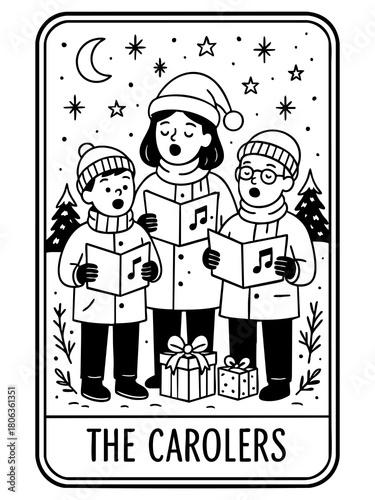 christmas carolers singing in snowy winter night holding songbooks with stars trees and gifts around  christmas tarot card vector illustration for festive holiday branding greeting card design