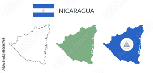 Nicaragua geographical borders isolated on white background. Flag of Nicaragua. Vector flat cliparts.