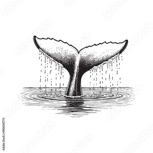 Engraving style illustration of a whale tail emerging from the water, droplets falling, creating ripples.