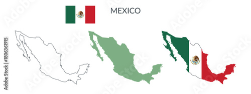 Mexico geographical borders isolated on white background. Flag of Mexico. Vector flat cliparts.