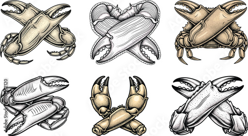 Engraved crab claw icon set in vintage seafood illustration style with detailed shell textures and crossed claw compositions
