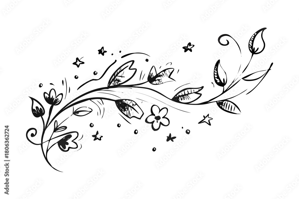 Fototapeta premium Botanical flourish with blooming flowers and curved leaves in black