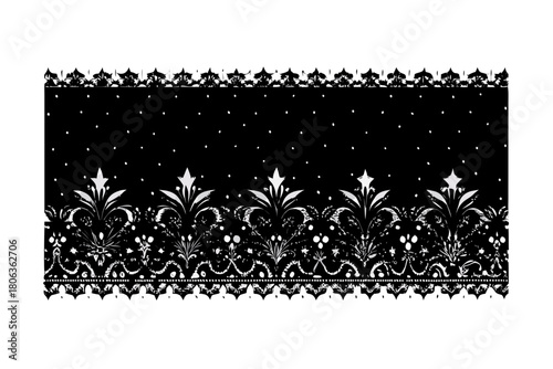 Black lace pattern with floral border and ornamental details