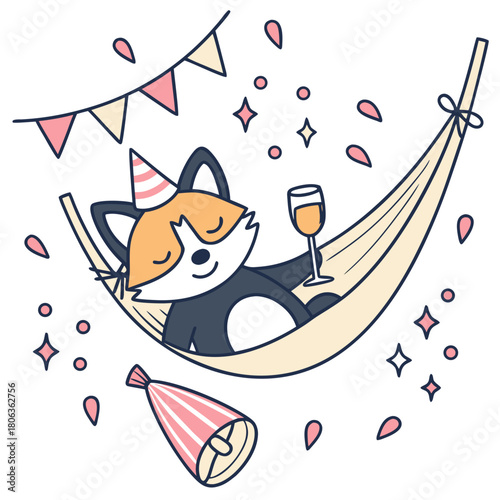 Cute Cheerful Foxe, accessorized with in a hammock, in a New Year celebration world – Midnight Sparkle palette vector