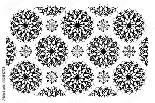 Repeating floral medallion pattern in black and white