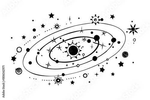 Planetary orbit illustration with stars and solar system elements