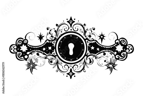 Vintage frame with ornate keyhole and floral scroll design