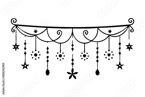 Hanging star garland with beaded strings and curved scrolls
