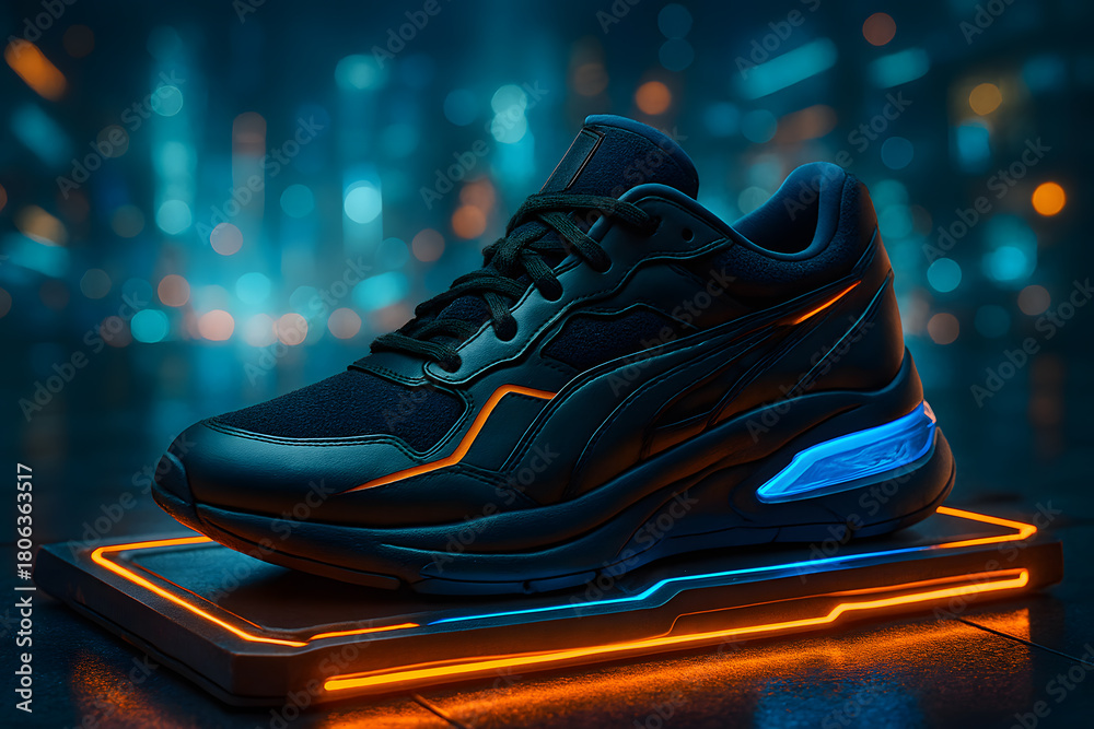 Fototapeta premium Cyberpunk Sneaker Illuminated with Bold Blue Orange Highlights