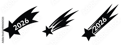 2026 shooting star silhouette illustration, happy New Year 2026 vector icon set collection