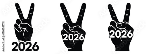 2026 victory hand silhouette illustration, happy New Year 2026 vector icon set collection