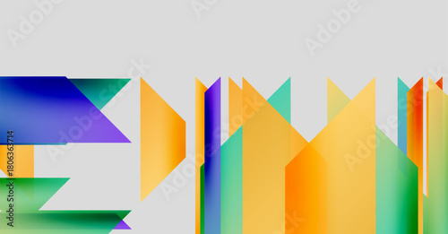 Abstract geometric shapes overlap, creating vibrant color gradients. Composition features dynamic angles, modern aesthetic.