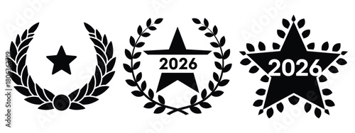 2026 wreath star silhouette illustration, happy New Year 2026 vector icon set collection
