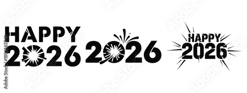 happy 2026 bold silhouette illustration, happy New Year 2026 vector icon set collection