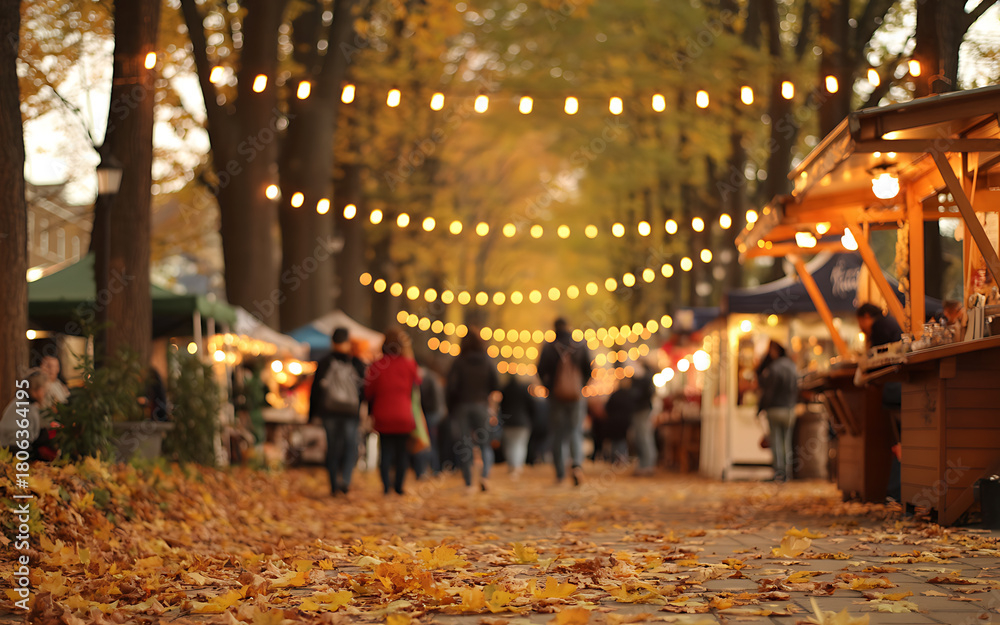 Obraz premium Autumn street fair with string lights and fallen leaves