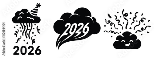 happy 2026 streamer silhouette illustration, happy New Year 2026 vector icon set collection
