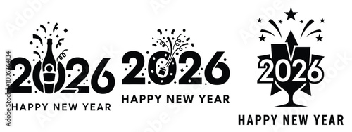 happy new year silhouette illustration, happy New Year 2026 vector icon set collection