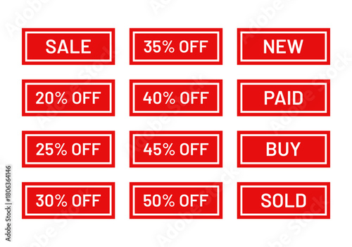 Set of sale stamp imprint. Rectangle best price stickers. Red sold out emblem in frame. New arrival label in border. Marketing retail badge. Text box with buy tags. Sale product mark. Vector illustrat