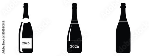 2026 champagne bottle silhouette illustration, happy New Year 2026 vector icon set collection