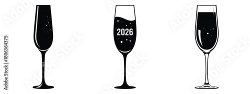 2026 champagne glass silhouette illustration, happy New Year 2026 vector icon set collection