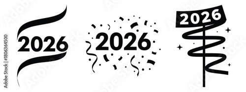2026 confetti streamer silhouette illustration, happy New Year 2026 vector icon set collection