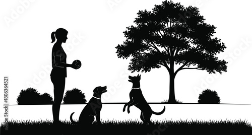Dog play icon set, silhouette person with ball and two dogs under tree, black and white illustration, outdoor activity, nature, companionship grid