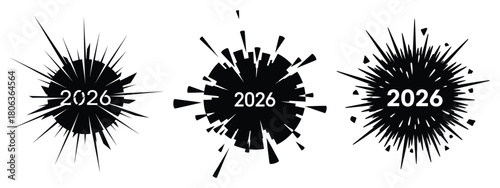 2026 exploding circle silhouette illustration, happy New Year 2026 vector icon set collection