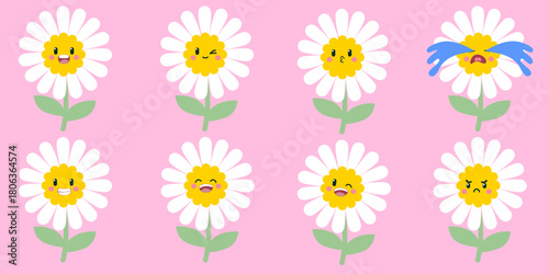 Cute white daisy flowers with yellow centers, each showing different cartoon emotions like happy, winking, shy, crying, smiling, and angry. A bright, playful illustration perfect for kids’ designs