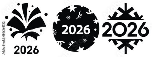 2026 festive button silhouette illustration, happy New Year 2026 vector icon set collection