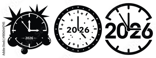 2026 festive clock silhouette illustration, happy New Year 2026 vector icon set collection
