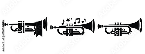2026 festive trumpet silhouette illustration, happy New Year 2026 vector icon set collection