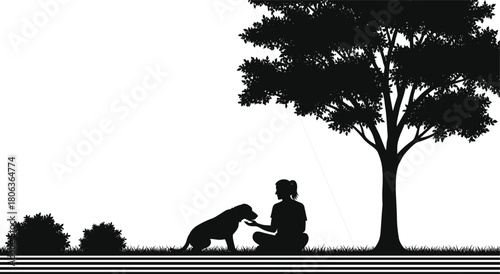 Dog interaction icon set, silhouette person under tree petting dog, black and white illustration, outdoor scene, nature, companionship, peaceful moment grid