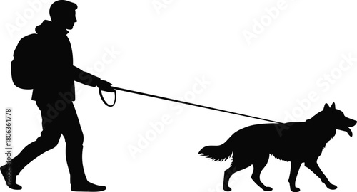 Dog walking icon set, silhouette person with backpack and leash, outdoor pet activity, black and white illustration, companionship, motion, nature grid
