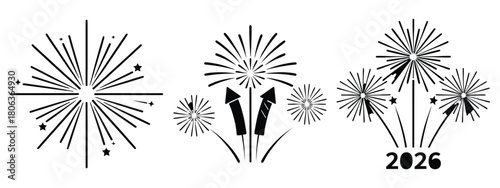 2026 halo fireworks silhouette illustration, happy New Year 2026 vector icon set collection