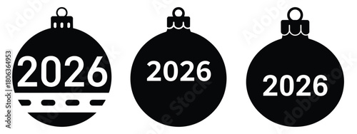 2026 holiday ornament silhouette illustration, happy New Year 2026 vector icon set collection