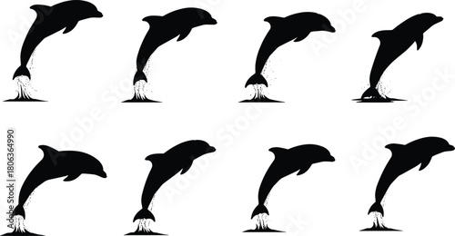 Dolphin icon set, leaping dolphin silhouettes with splash effects in motion sequence, marine, ocean, aquatic life, black illustration, vector grid