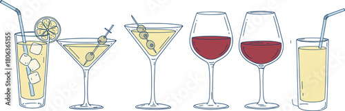 Drink glass icon set illustration, six stylized beverages with garnish and straws, cocktail and wine vector design, bar and party theme